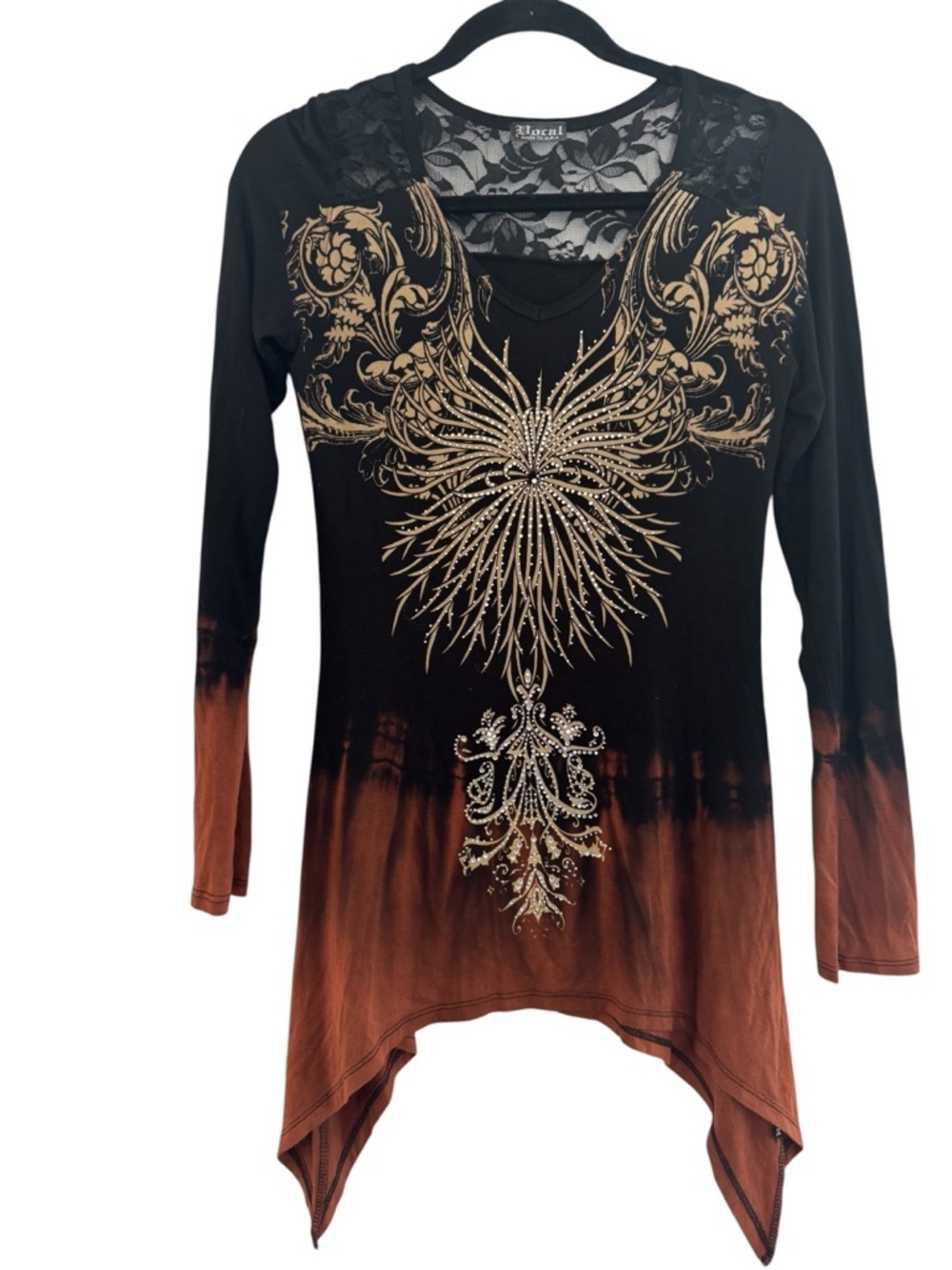 Vocal Apparel Y2K Gothic Rhinestone Tunic Top - Ombre Tie Dye Sharkbite Hem - M